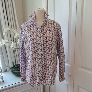 NWOT Grayson Womens 100% White Cotton Button Down Shirt Red Stripes/Bike Print S